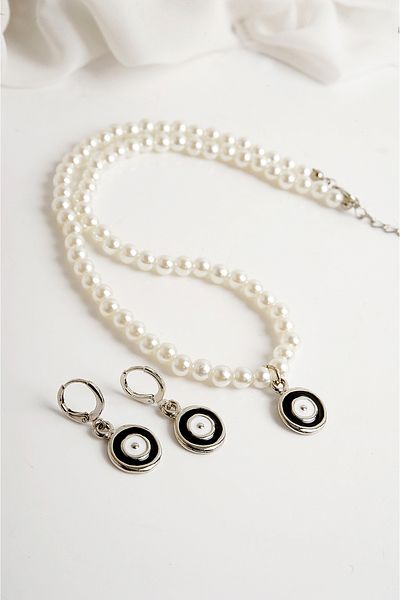EUROMODA Pearl Necklace and Earring Set - Evil Eye Design