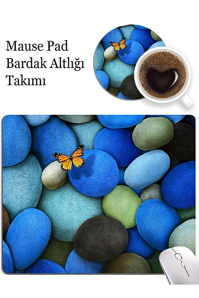 AsMat Paw طقم وسادة ماوس وقاعدة أكواب على شكل فراشة منقوشة بالأحجار الزرقاء