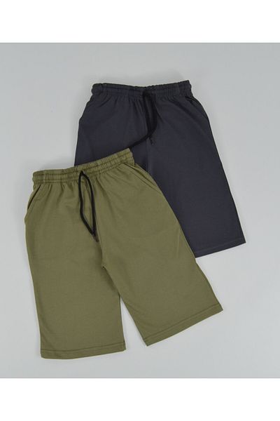 Kidiba Capri din bumbac moale pieptănat simplu pentru bărbați - 4-11 ani, set de 2 cu elastic și buzunare