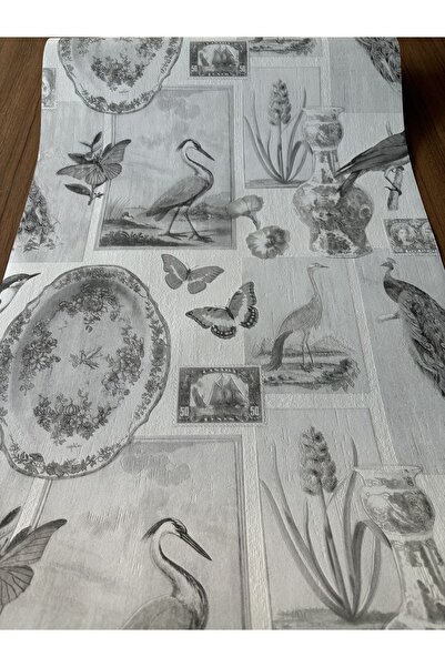 BAŞYAPI DİZAYN Gri Kuş Ve Vazo Desenli İthal Vinly Duvar Kağıdı (5m²)