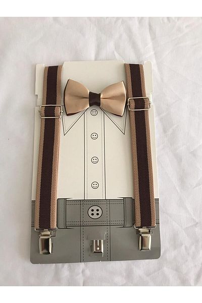 ares kids Brown-Beige Bow Tie Suspender Set Suitable for Ages 1-9
