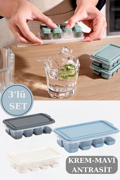 PONÇİK STORE 3 Pieces Silicone Based Ice Tray with Lid - 8 Compartments Non-Stick Push-Out Ice Mold