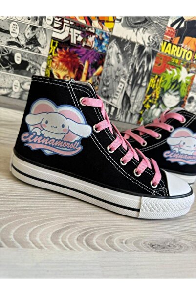 MECH BUTİK Cinnamoroll Kalp Baskılı Siyah Bilekli Keten Spor Ayakkabı Snekaer