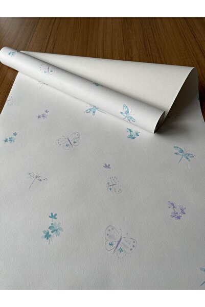 BAŞYAPI DİZAYN Beyaz Zemin Üzeri Mavi-mor Kelebek Desenli Ithal Duvar Kağıdı (5m²)