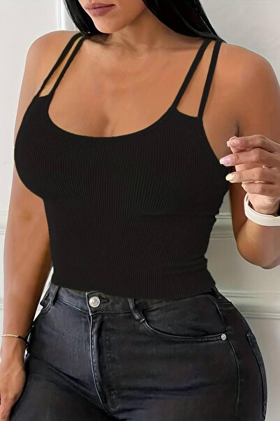 TANE TASARIM Kadın Çift Askılı Kaşkorse Siyah Crop 024