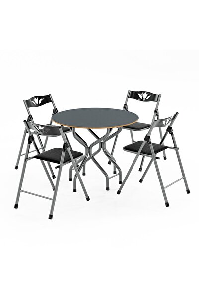 Akkaya Ticaret Yeni Katlanır Kırma Yuvarlak Siyah Masa Sandalye Takımı Seti