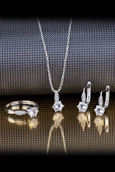 Else Silver Pırlanta Modeli Badem Sap Altı Tırnak Tek Taş Gümüş Takı Seti