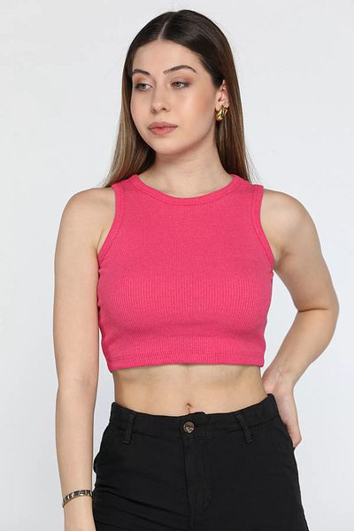 GÜLSELİ Fuchsia Crop Top - Crew Neck, Camisole Bustier Μπλούζα