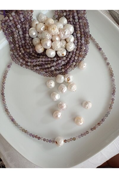 Mudita Tasarım 10 mm barok incili , 4 mm faset kesim ametist taşı gerçek doğal taş kolye