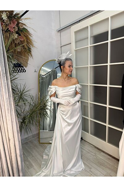 Abiye's BEYAZ Saten abiye mezuniyet nikah nişan söz isteme KAYIK YAKA BALON KOL