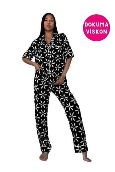 bie's Set pijama cu mânecă scurtă din viscoză alb-negru, cu guler de cămașă și detaliu Daisy