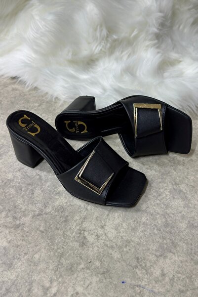 İmerShoes Daily Black Women's Slippers with Buckle, Thick Heel, Banded, Blunt Toe, Comfortable Soft Sole 219