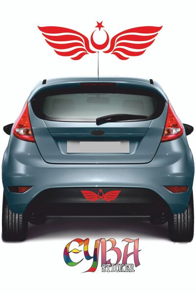 EYBA STİCKER Ay Yıldız Kanatlı Türk Bayrağı 30x6 Cm Oto Kapı Cam Kaput Sticker