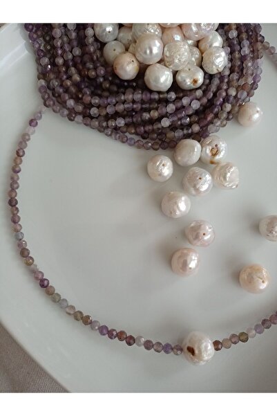 Mudita Tasarım 10 mm barok incili , 4 mm faset kesim ametist taşı gerçek doğal taş kolye