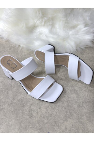 İmerShoes Daily Women's White Slippers Double Banded Thick Heel Blunt Toe Simple Comfortable Soft Sole 271