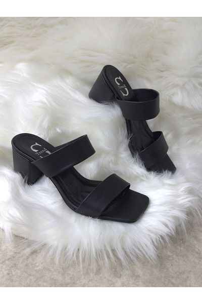 İmerShoes Καθημερινές γυναικείες μαύρες παντόφλες με διπλή ζώνη με χοντρό τακούνι, αμβλύ δάχτυλο, απλή άνετη μαλακή σόλα 271