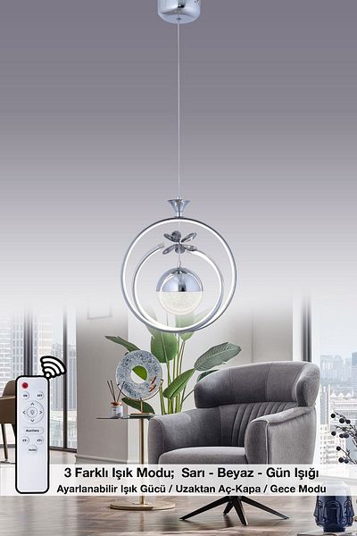 HİRALUCE Fault 3 Color Controlled and Dimmered Silver (Yellow White and Daylight) Luxury Crystal Stone Led Chandelier