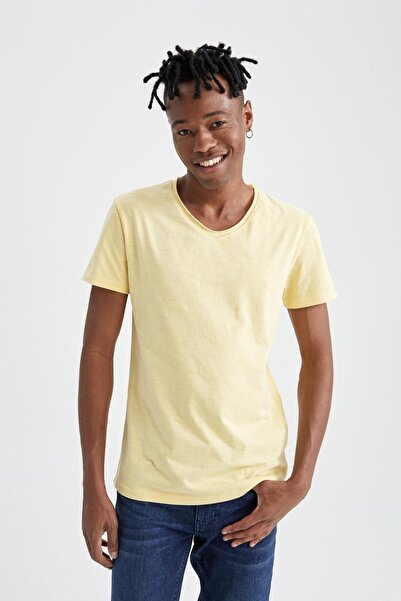 DeFacto Slim Fit V-Neck Basic Short Sleeve 100% Cotton T-Shirt