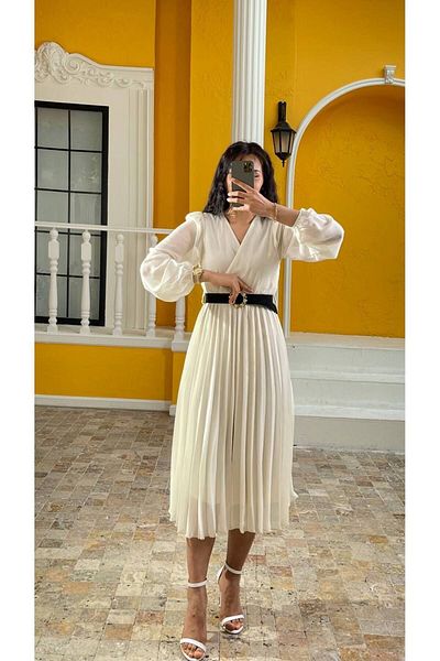FEHAL GİYİM CHIFFON WOVEN FABRIC CRYWASE COLLAR PLEATED LONG LINED DRESS