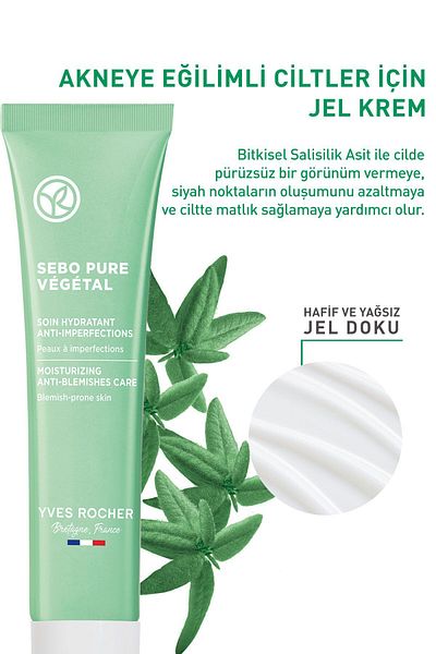 Yves Rocher Acne Prone Sebo Pure Vegetal Gel Cream - Zinc & Herbal Salicylic Acid & Allantoin - 40g