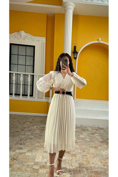 FEHAL GİYİM CHIFFON WOVEN FABRIC CRYWASE COLLAR PLEATED LONG LINED DRESS