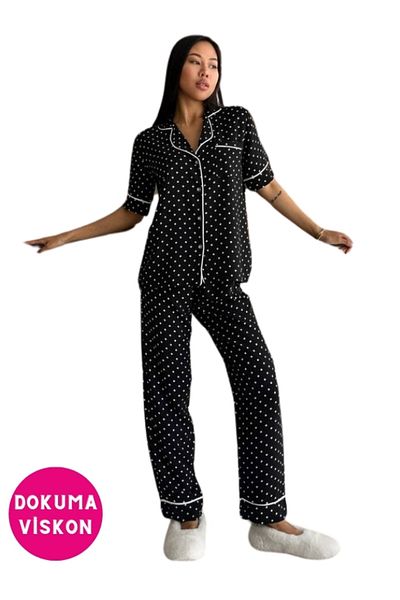 bie's Set pijamale din viscoză cu buline - alb-negru, guler de cămașă, nasturi și buzunar, mânecă scurtă