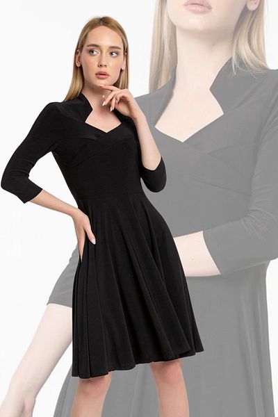 Laranor Black Double-breasted Three-quarter Sleeve Flared Dress with High Collar - Day and Night Elegant