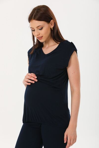 Perla Blanca Lacivert Emzirme Özellikli Omuz Detaylı Hamile Tişörtü
