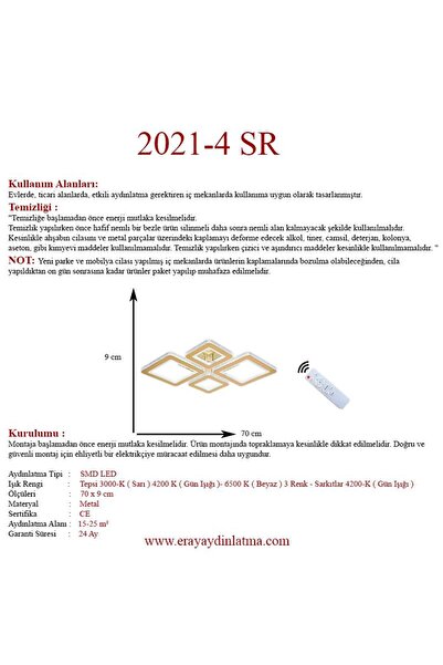 Eray Aydınlatma 2021-4 Sarı Dimmer Kumandalı Led Avize