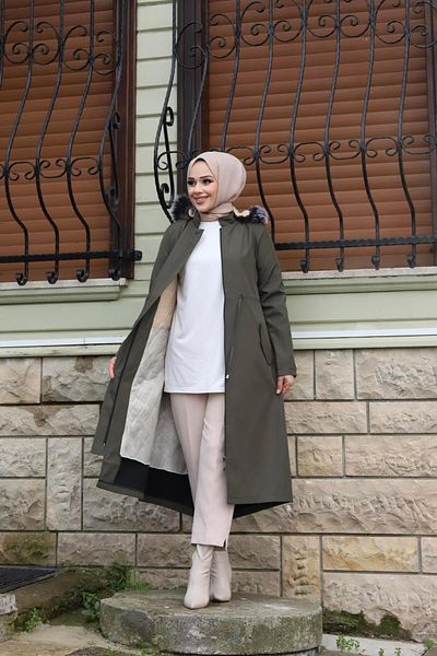 MİSSKAYLE Μακρύ Χακί Παλτό Hijab με κρυφό πατί