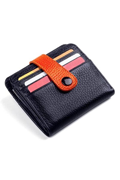 Anı Yüzük Erkek Siyah-turuncu 17 Kartlık Kullanışlı Cüzdan Çıtçıtlı Hakiki El...
