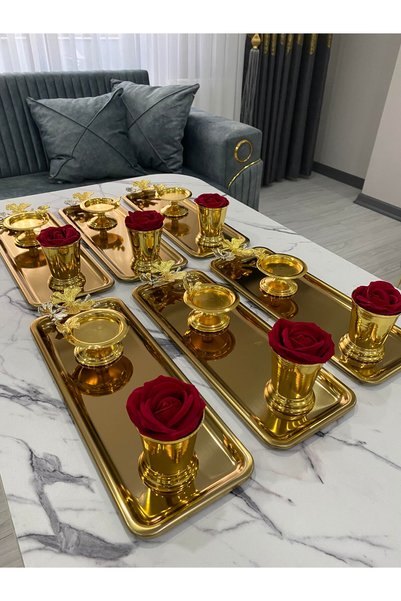 Mira züccaciye 3 Different Models Gold 6-Piece Steel Baton Presentation Tray Gold Rose Bowl (with Roses) Butterfly Macaron Bowl