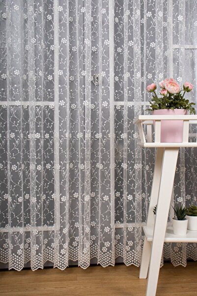 WİNSEV Bahar Dalı Brode Işlemeli Tül Perde ( 1/2,5 Normal Pile ) EKRU