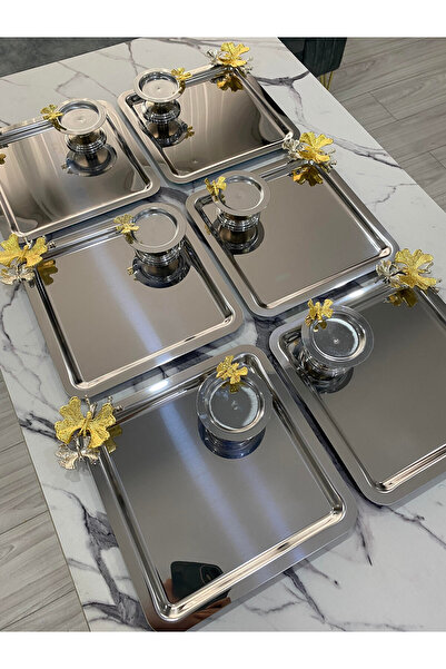 Mira züccaciye 2 FARKLI MODEL GÜMÜŞ 6'LI ÇELİK KARE SUNUM TEPSİSİ VE KELEBEKLİ MAKARONLUK