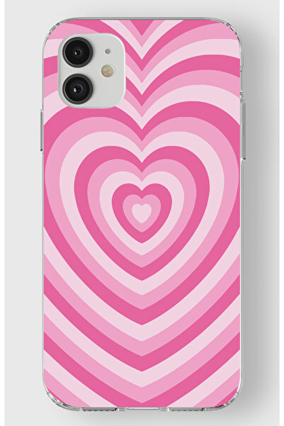 moonset Iphone 11 Uyumlu Pembe Kalp Tasarımlı Baskılı Şeffaf Telefon Kılıfı