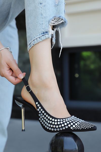 Sibel Durmaz Marlen Black Stone Detailed Stiletto Sandals