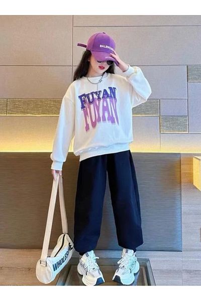 KİDS FACE Modern Girl's Stylish Tracksuit Set - Special Design, Fuyan Printed, 3 Thread Raster, Full Personality