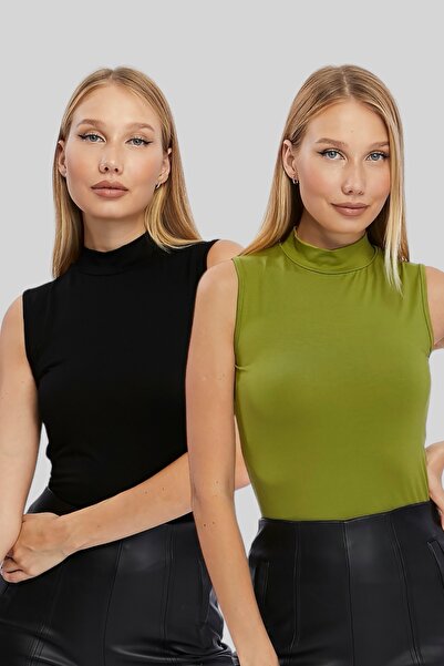LAENT Дамски боди - комплект от 2 части без ръкави, черно-зелен