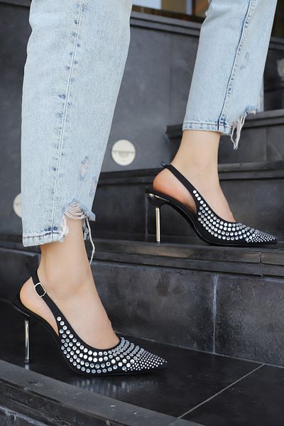 Sibel Durmaz Marlen Black Stone Detailed Stiletto Sandals
