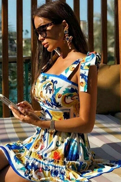 fehika White-Blue-Yellow Floral Printed Low-Cut Summer Dress