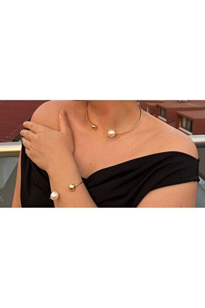 Momos İnci Detaylı Metal Toplu Tasma ve Kelepçe Şık Takım