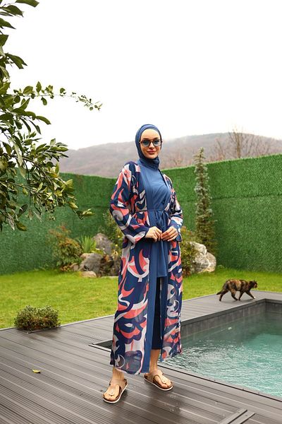 ButikKardelen Navy Blue Camellia Patterned Hijab Swimsuit - Pareo Detailed 5-Piece Set