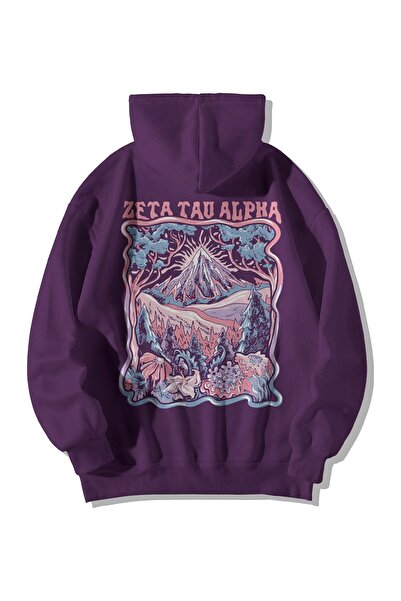 Stadium Mor Unisex Oversize Kapüşonlu Kanguru Cepli Zeta Tau Baskılı Sweatshi...