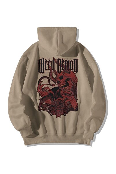 Stadium Krem Unisex Oversize Kapüşonlu Kanguru Cepli Weed Demon Baskılı Sweatshirt Hoodie