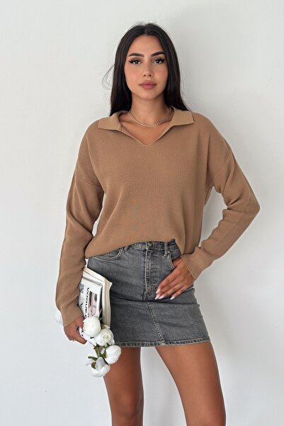 FEMELLE Γυναικεία μπλούζα από βαμβακερό πλεκτό γιακά πόλο καφέ