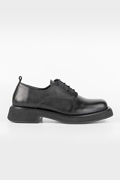 TUNAELLİ Women's Black Genuine Natural Leather Lace-Up Oxford Shoes