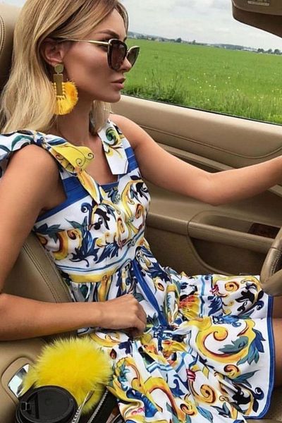 fehika White-Blue-Yellow Floral Printed Low-Cut Summer Dress