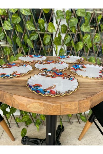 GÜRCÜGLASS White flower model gold 6-piece cake plate