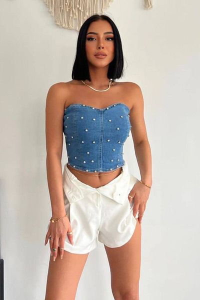 fehika Bluză bustieră din denim pentru femei Jean Jeans Bustieră albastră fără bretele Bustieră cu strasuri