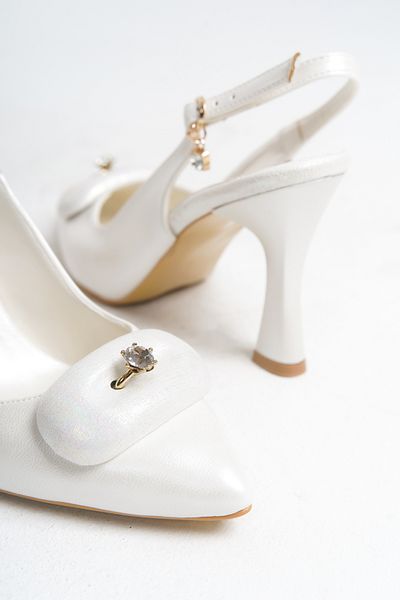 YADE MODA White Bridal Shoes - Single Stone Detail, Open Back Pearl